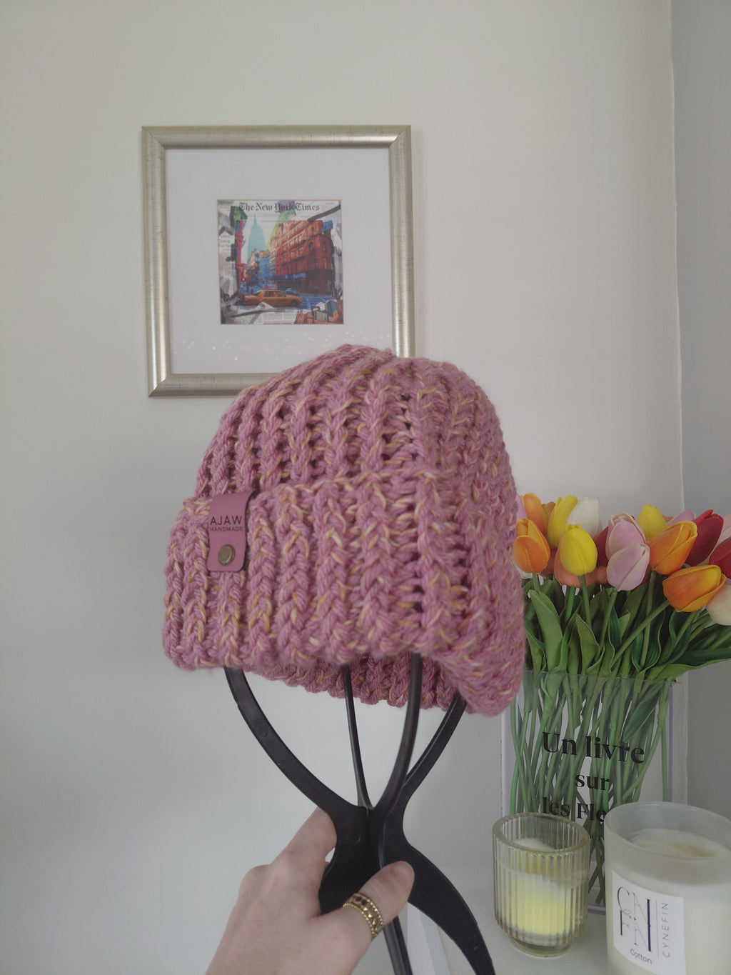 Chunky knitted beanie - with brim for extra warmth - handmade with love