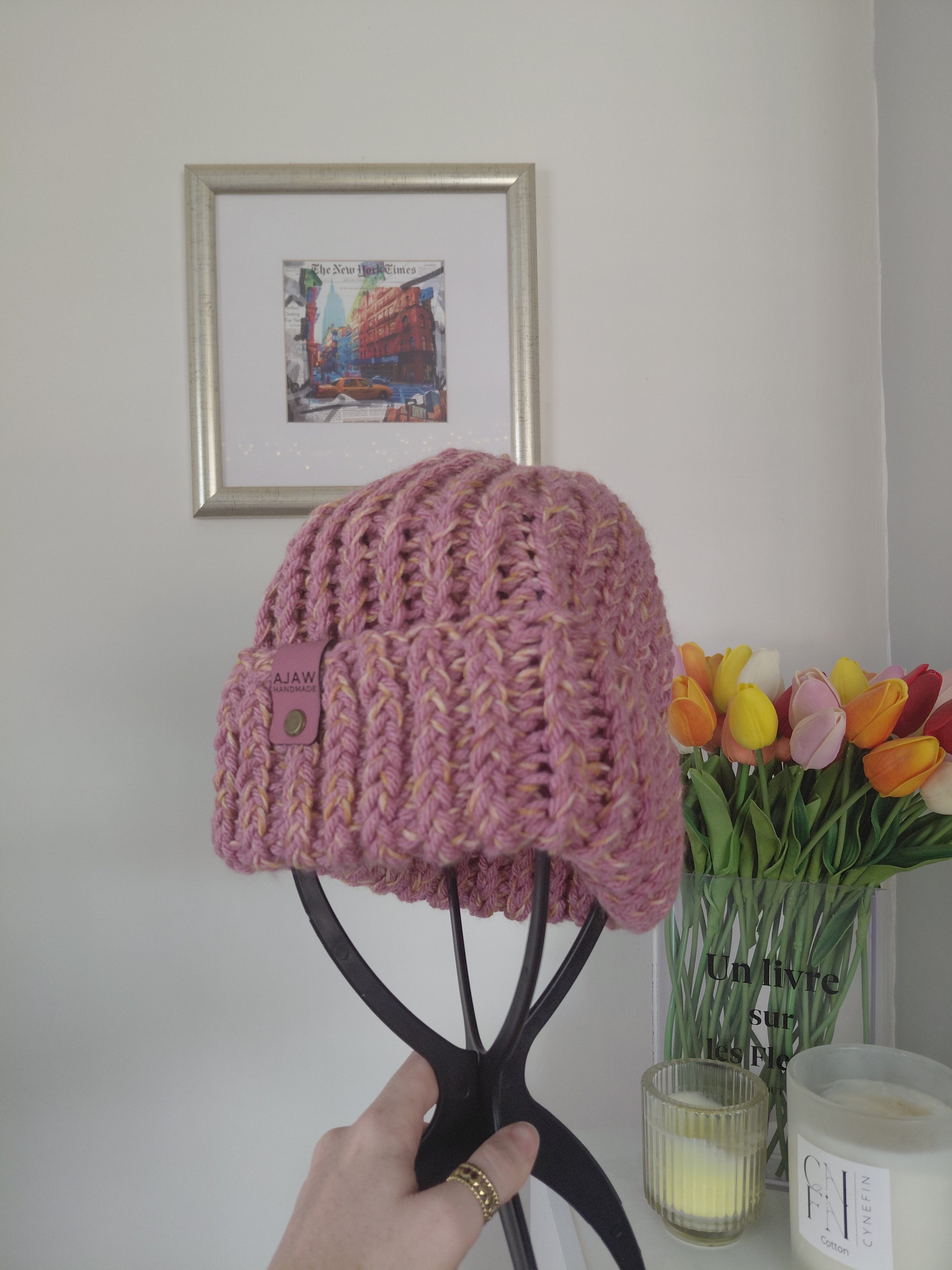 Chunky knitted beanie - with brim for extra warmth - handmade with love