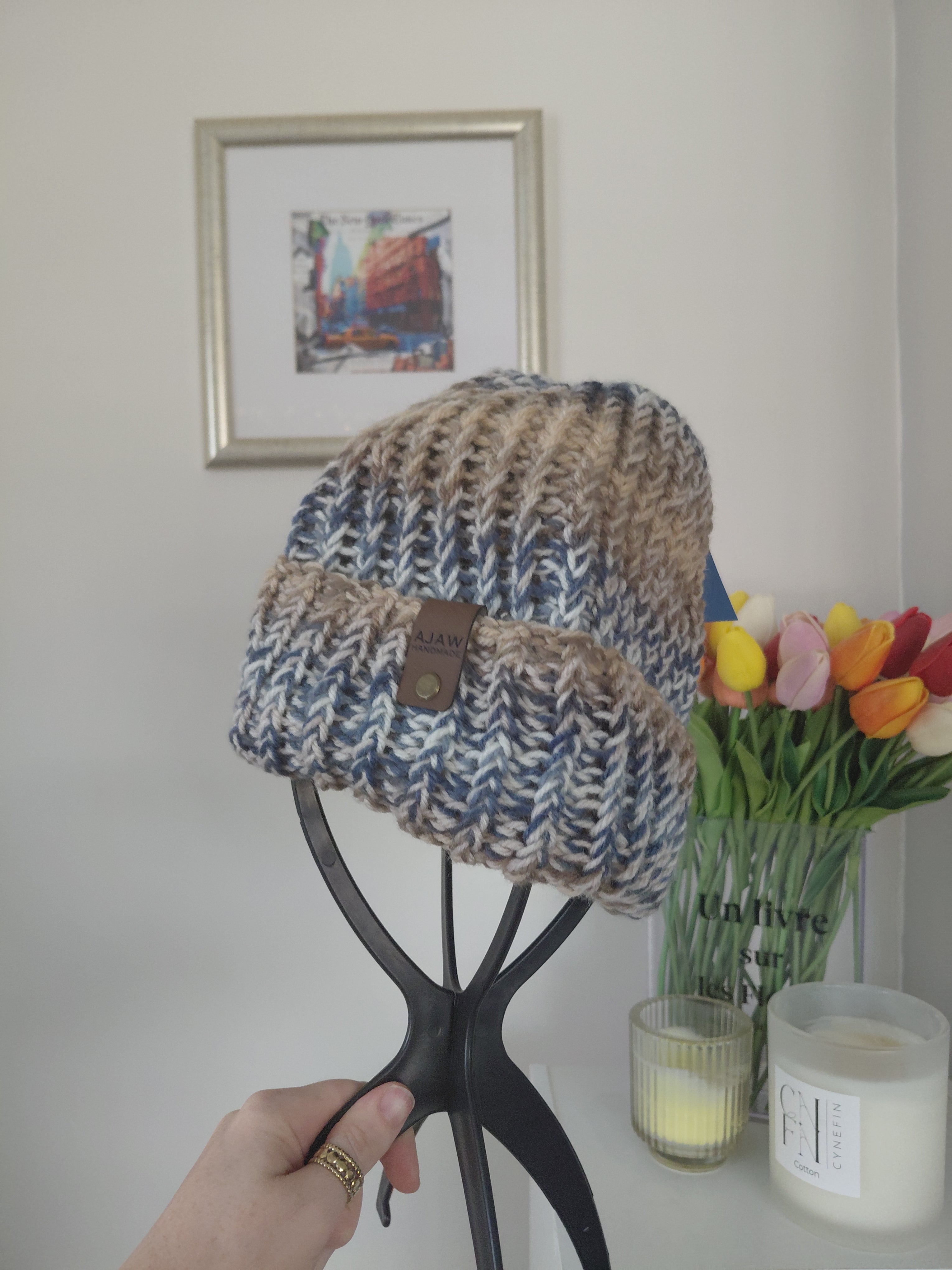 Chunky knitted beanie - with brim for extra warmth - handmade with love