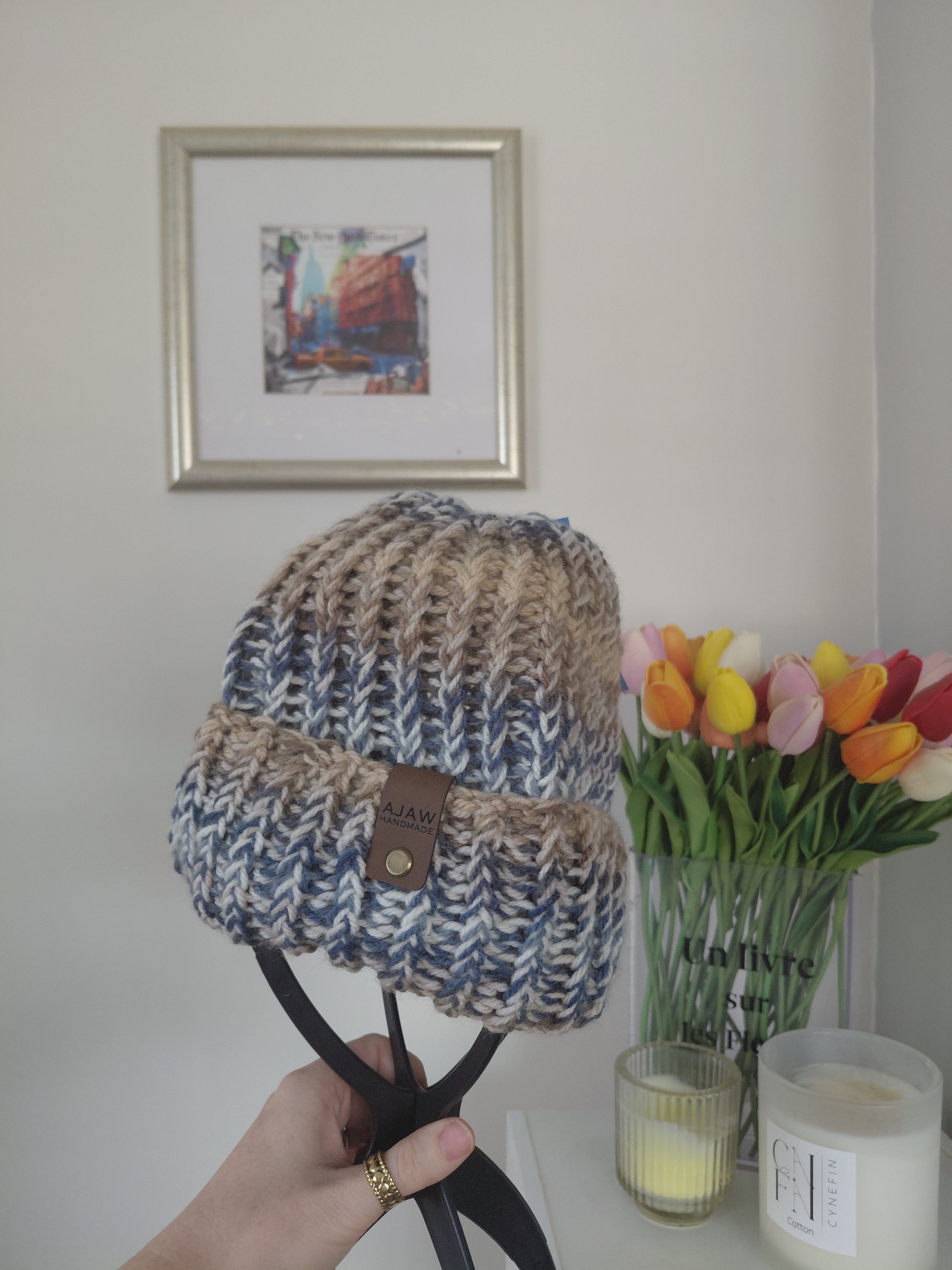 Chunky knitted beanie - with brim for extra warmth - handmade with love