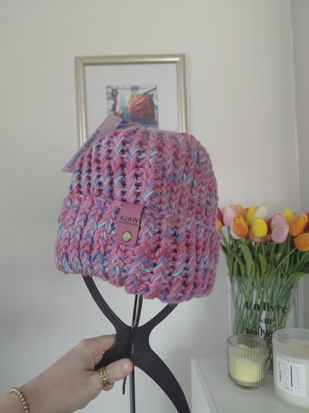 Chunky knitted beanie - with brim for extra warmth - handmade with love