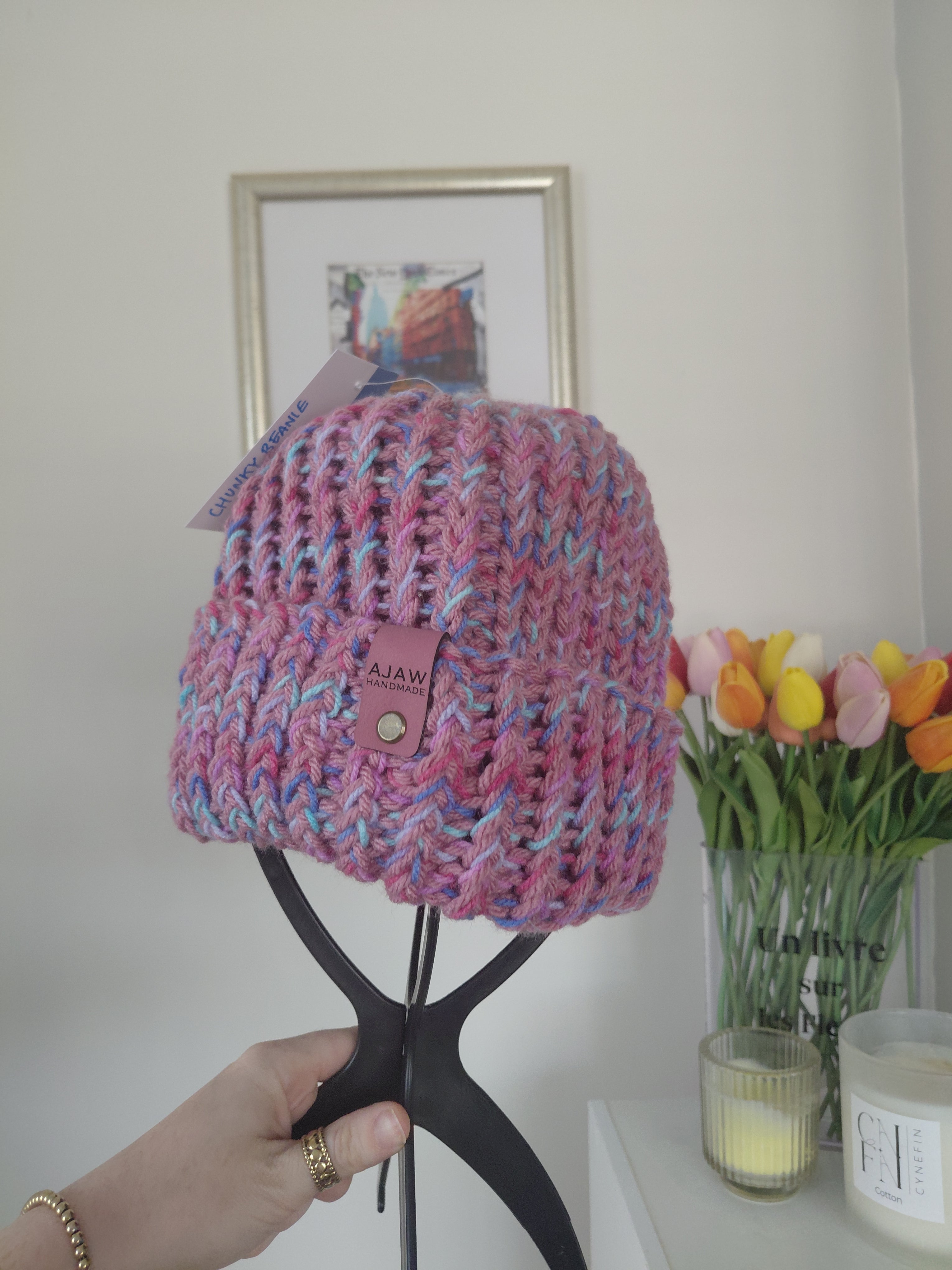 Chunky knitted beanie - with brim for extra warmth - handmade with love