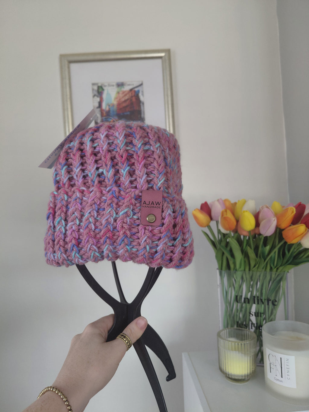 Chunky knitted beanie - with brim for extra warmth - handmade with love