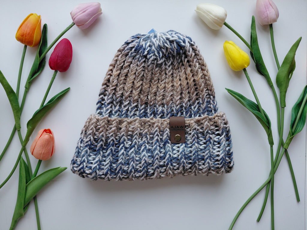 Chunky knitted beanie - with brim for extra warmth - handmade with love
