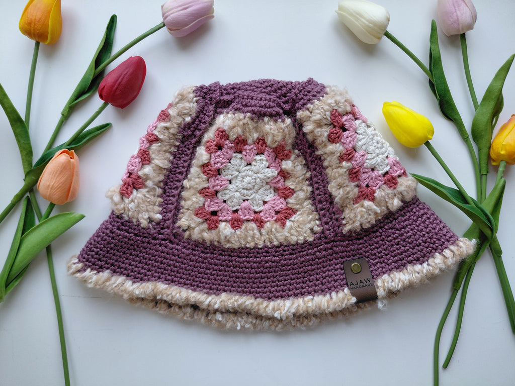 Fluffy granny square bucket hat made from 100% cotton yarn with teddy yarn accents, adult size