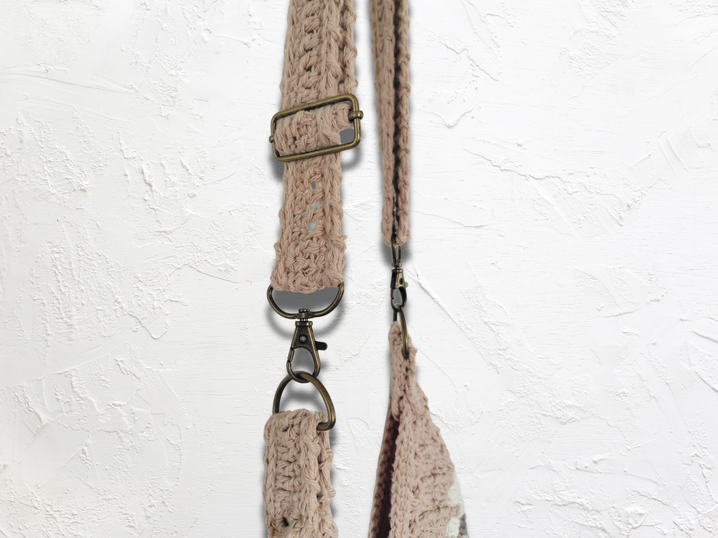 Triangle crochet bag - with vintage buckle clasp, adjustable strap with lining